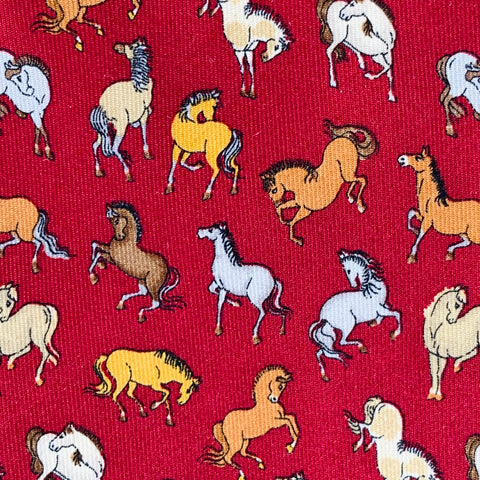 SALVATORE FERRAGAMO Red Orange Yellow Horses Silk Tie