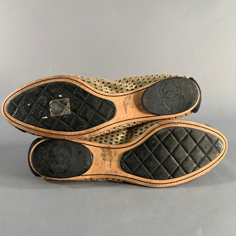 CHANEL Size 10 Gold Black Mesh Textured Ballet Flats