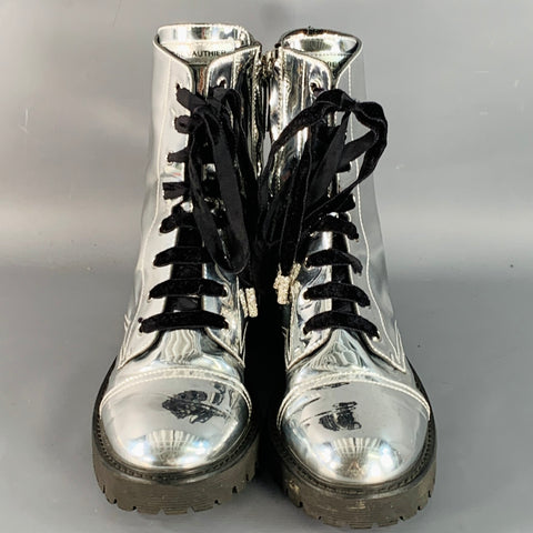 ALEXANDRE VAUTHIER Size 10 Metallic Silver Lace-Up Combat Boots