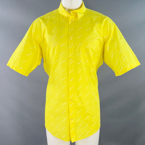 BALENCIAGA Size M Yellow White Logo Cotton Button Down Collar One Pocket Oversized Short Sleeve Shirt