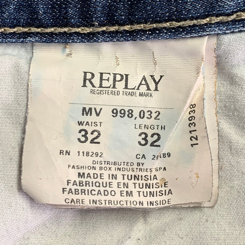 REPLAY Size 32 Blue Contrast Stitch Cotton Blend Straight Jeans