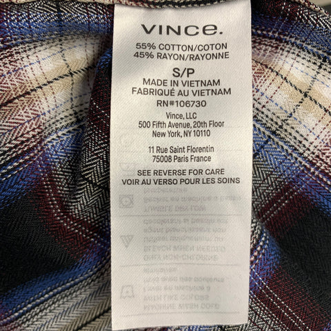 VINCE Size S Black Red Plaid Cotton Blend Spread Collar Long Sleeve Shirt