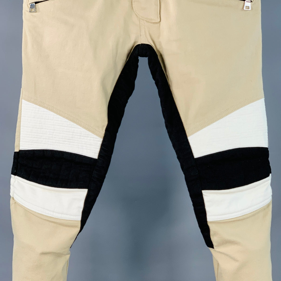 BALMAIN Size 28 Beige Black White Cotton Blend Skinny Biker Jeans