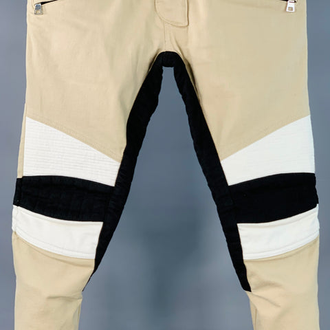 BALMAIN Size 28 Beige Black White Cotton Blend Skinny Biker Jeans