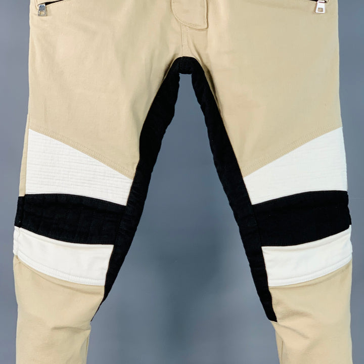 BALMAIN Size 28 Beige Black White Cotton Blend Skinny Biker Jeans