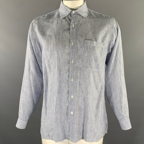 MAHARAJA'S Size XL Blue White Stripe Linen Pointed Collar Long Sleeve Shirt