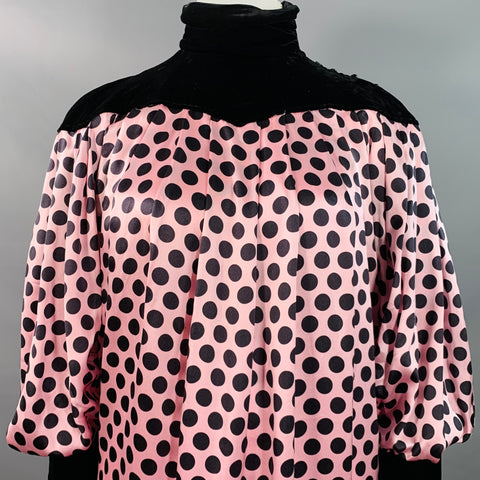 UNGARO Vintage 1980s Size L Pink Black Silk Polka Dot Turtleneck Tent Dress