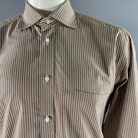 BORRELLI Size L Brown White Stripe Cotton Long Sleeve Shirt