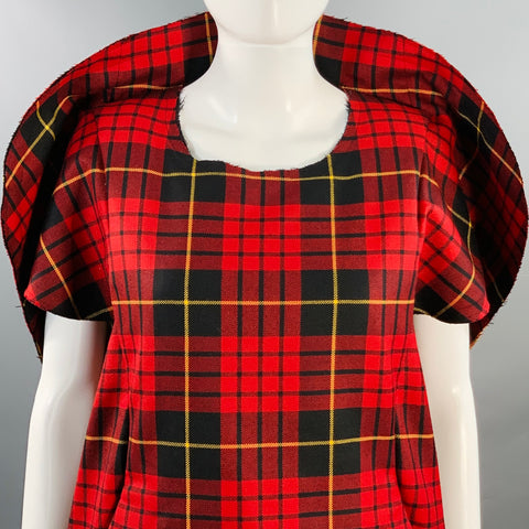 COMME des GARCONS SS17 Size M Red Black Yellow Wool Plaid Crested Shift Dress