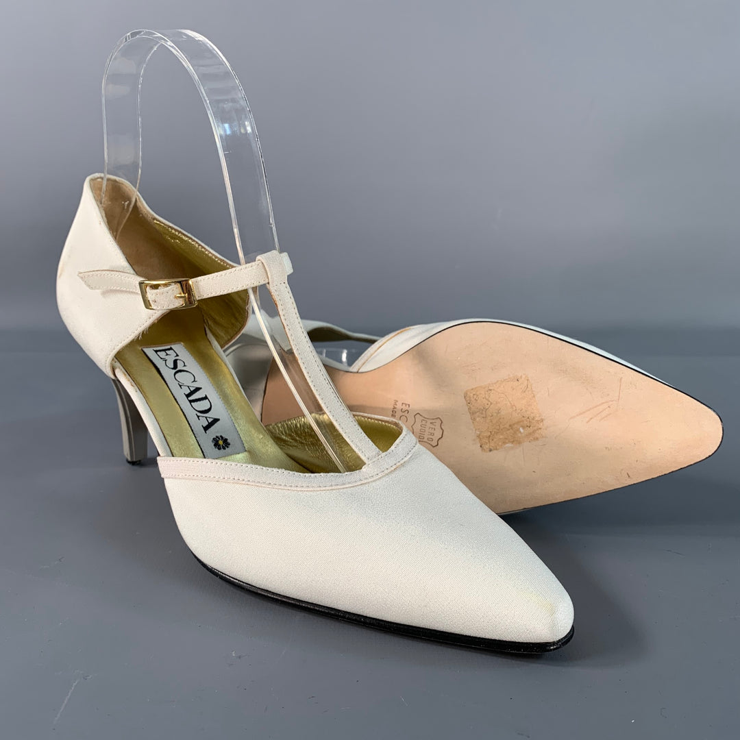 ESCADA Size 8 Ivory Silk Leather T- Strap Pumps