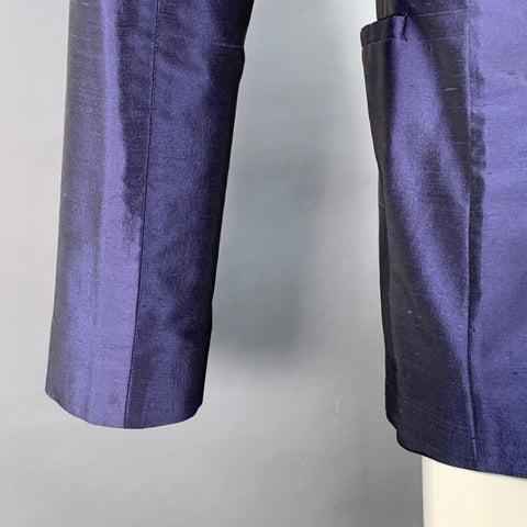EMPORIO ARMANI Taille 34 Régulier Veste de Sport en Shantung Mélange Soie Bleu Métallisé