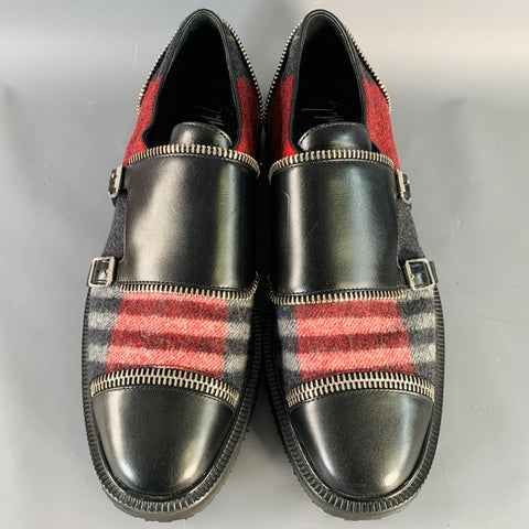 GIUSEPPE ZANOTTI Size 11 Black Red Plaid Leather Monk Strap Loafers Shoes