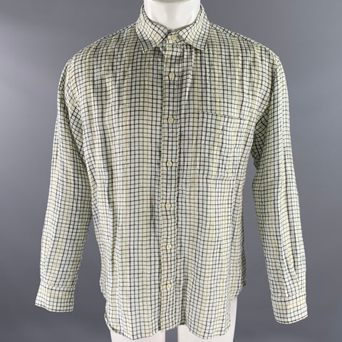 TS (S) Size M White Green Black Check Linen Pointed Collar Long Sleeve Shirt