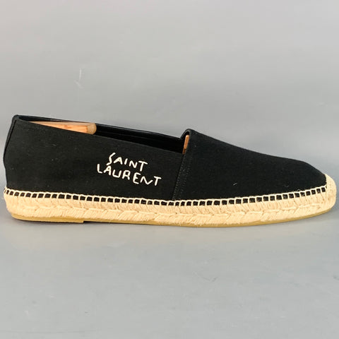 SAINT LAURENT Size 12 Black Natural Embroidered Logo Canvas Espadrille Sneakers