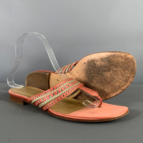 VALENTINO Size 8 Pink Silver Silk Rhinestones Thong Flats