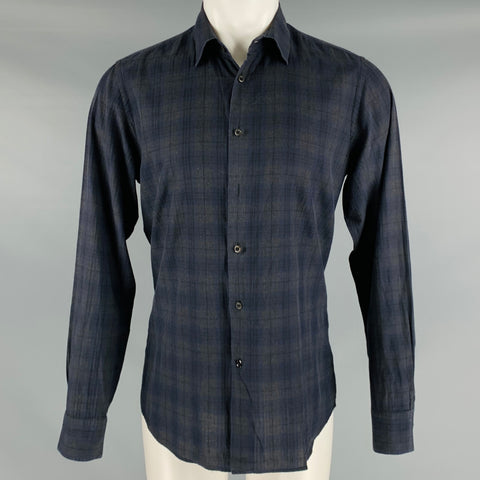 PRADA Size M Charcoal Navy Plaid Cotton Button Up Long Sleeve Shirt