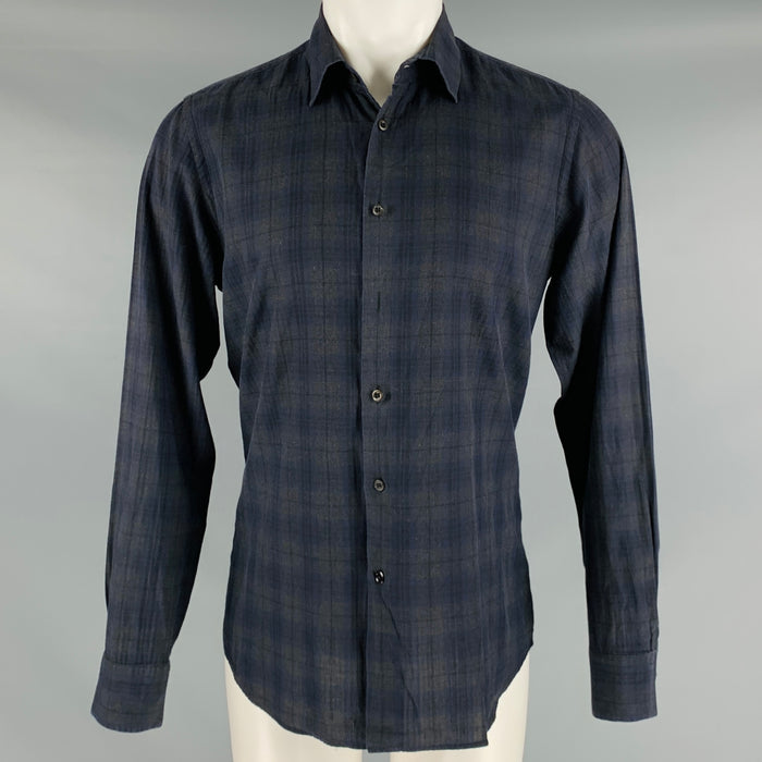 PRADA Size M Charcoal Navy Plaid Cotton Button Up Long Sleeve Shirt