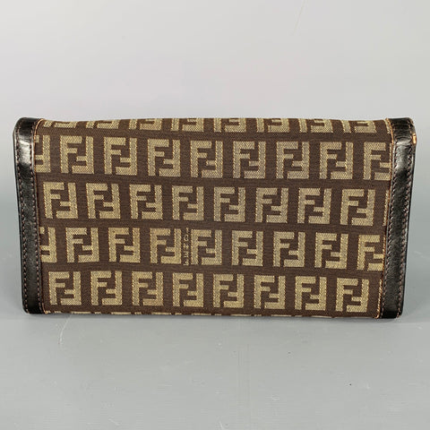 FENDI 2009 Foglio Forever Brown Yellow Monogram Fabric Leather Wallet
