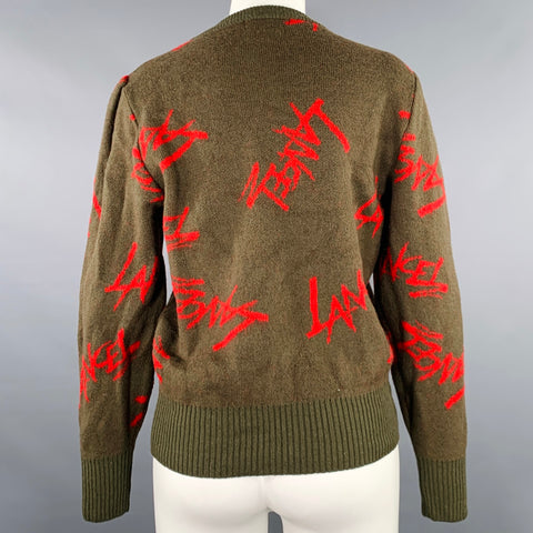 LANCEL Size M Red Olive Wool Blend Signature Print Knit Sweater