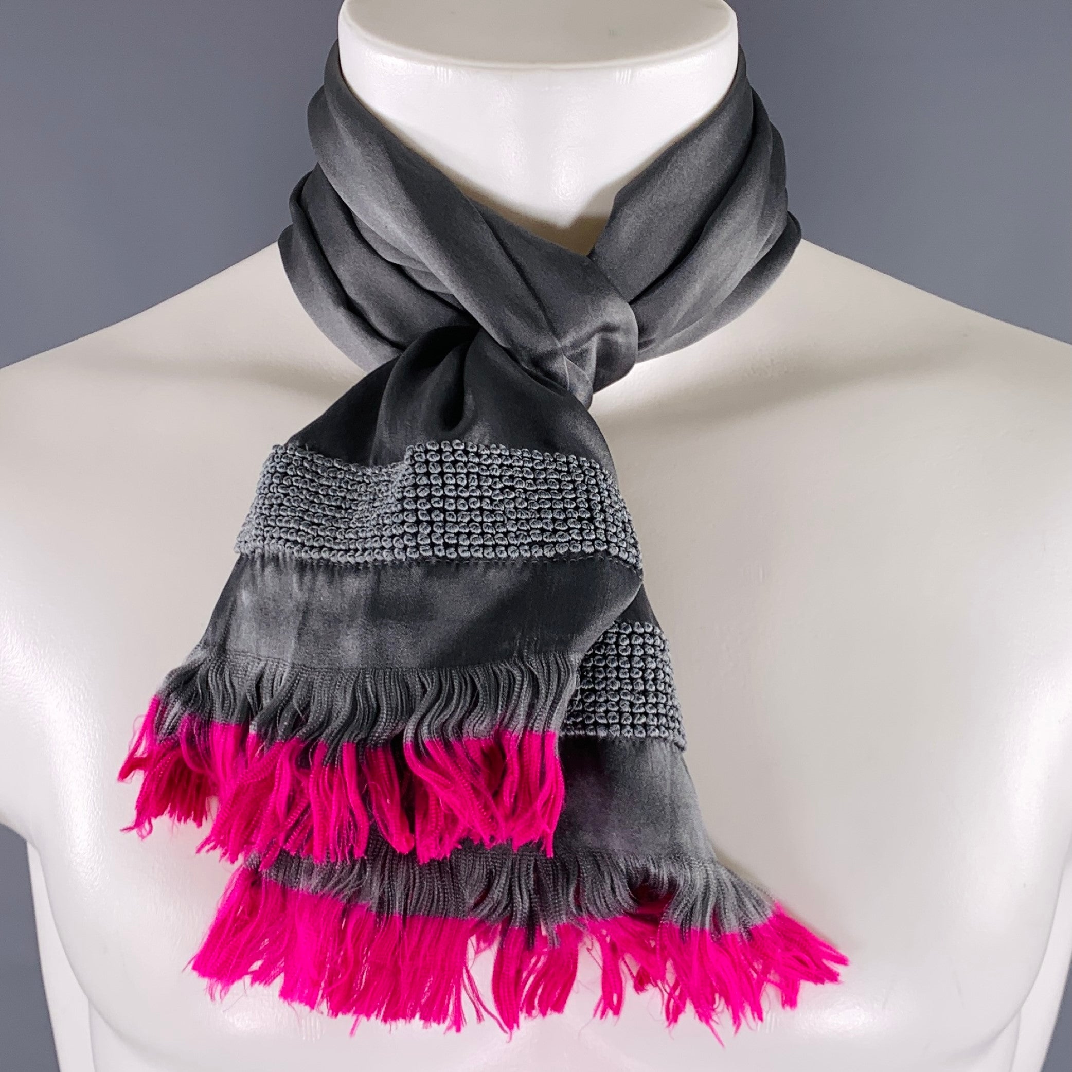 DRIES VAN NOTEN Grey Fuchsia Silk Fringe Scarf – Sui Generis