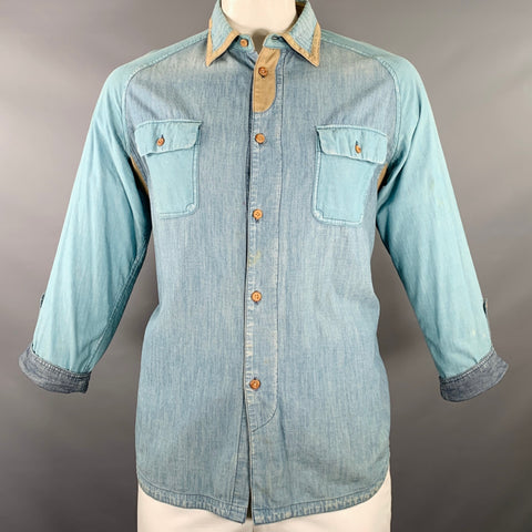 WHITE MOUNTAINEERING Size L Light Blue Color Block Cotton Long Sleeve Shirt