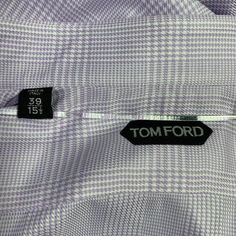 TOM FORD Size M White Purple Glenplaid Cotton Spread Collar Long Sleeve Shirt
