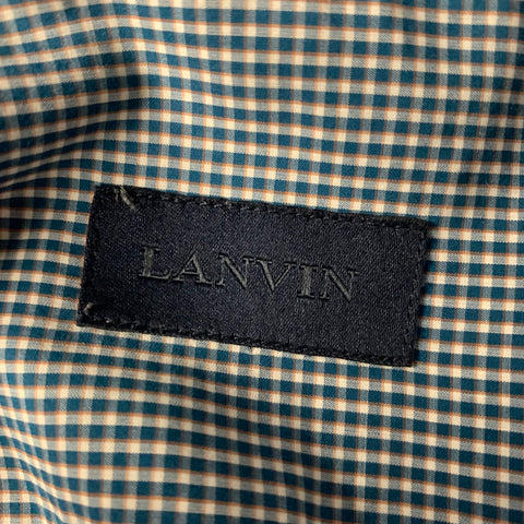 LANVIN Size S White Teal Gingham Cotton Point Collar Long Sleeve Shirt
