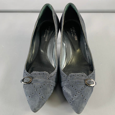 SERGIO ROSSI Size 6.5 Navy Suede Perforated Kitten Heel Pumps