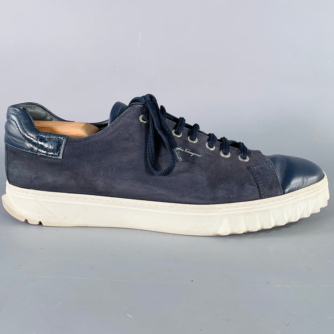 SALVATORE FERRAGAMO Size 10 Navy Suede Leather Lace-Up Sneakers