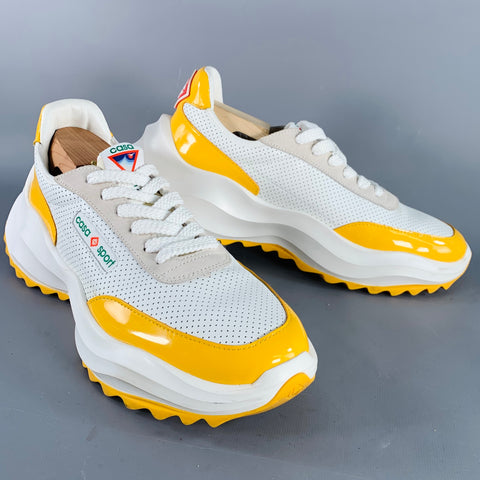 CASABLANCA Size 10.5 White Yellow Perforated Leather Lace-Up Color Block Sneakers