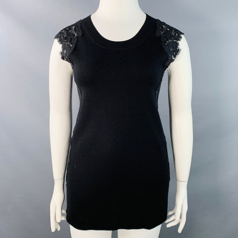 CHLOE Size L Black Wool Lace Trim Sleeveless Crew Neck Casual Top