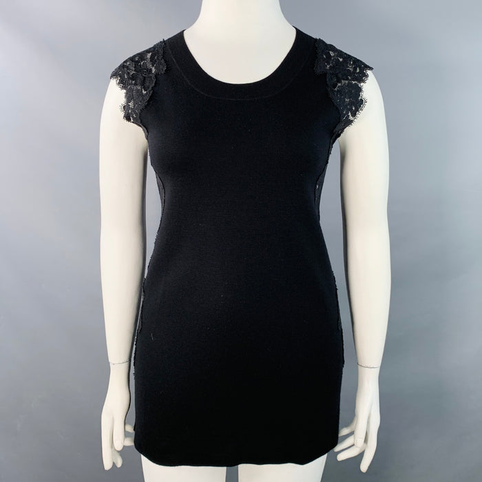 CHLOE Size L Black Wool Lace Trim Sleeveless Crew Neck Casual Top