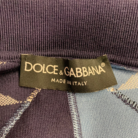 DOLCE & GABBANA Size L Blue White Graphic Geometric Silk Short Sleeve Polo