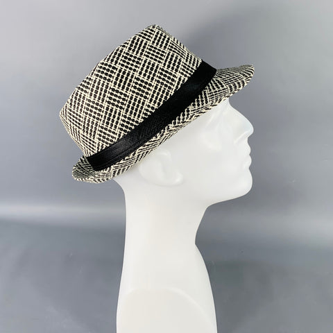 VINTAGE Black White Woven Paper Fedora Hat