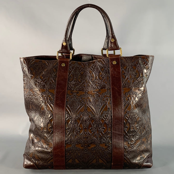 LIBERTY OF LONDON Brown Gold Embossed Leather Oversized Tote Handbag