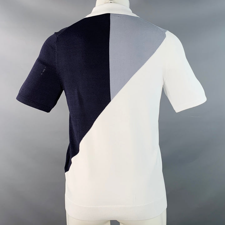 REISS Size S White Blue Navy Color Block Wool Blend Jersey Zip Up Polo