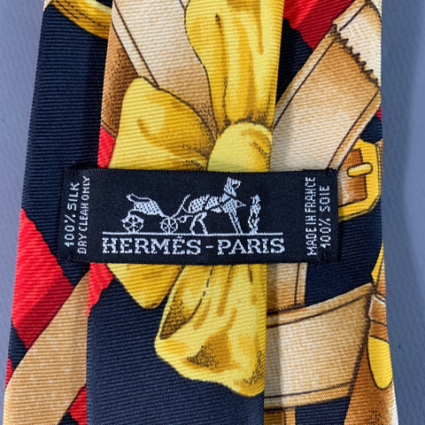 HERMES Black Red & Gold Equestrian Silk Tie