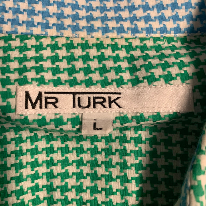 MR TURK Size L Green White Houndstooth Cotton One Pocket Short Sleeve Shirt