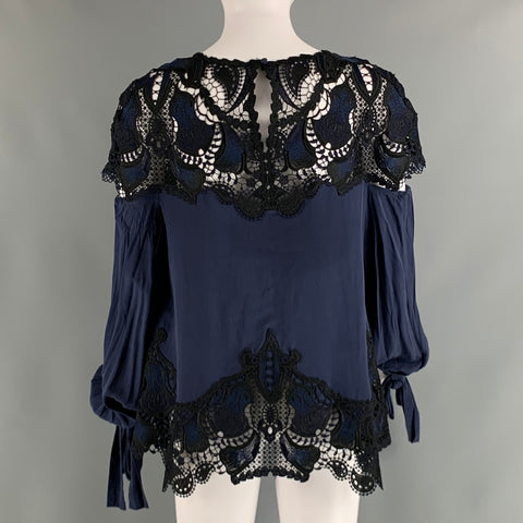 JONATHAN SIMKHAI Taille XS Marine Noir Soie Dentelle Oversize Casual Top