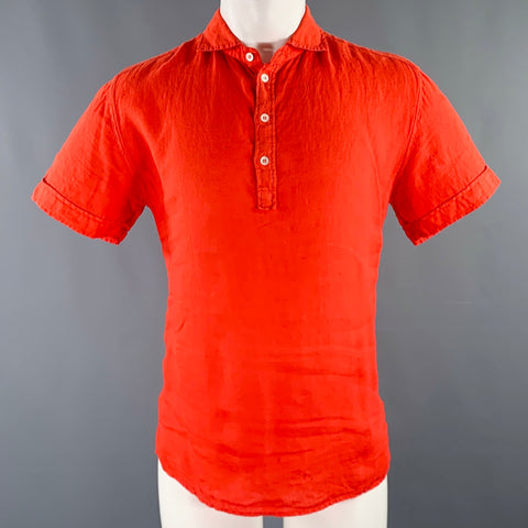 BARENA Size M Red Coral Linen Long Placket Short Sleeve Shirt
