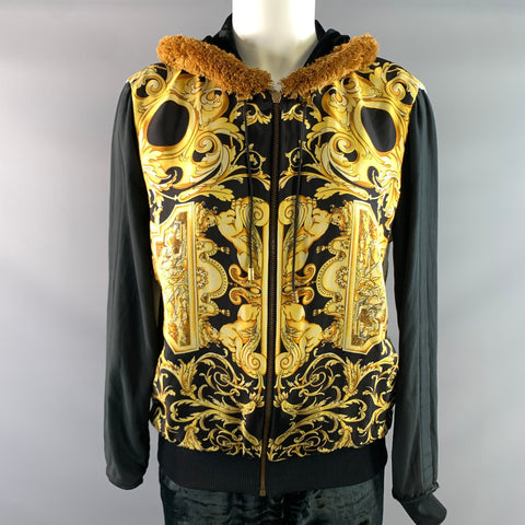 VERSACE Size 4 Black Gold Viscose & Silk Baroque Track Jacket Set