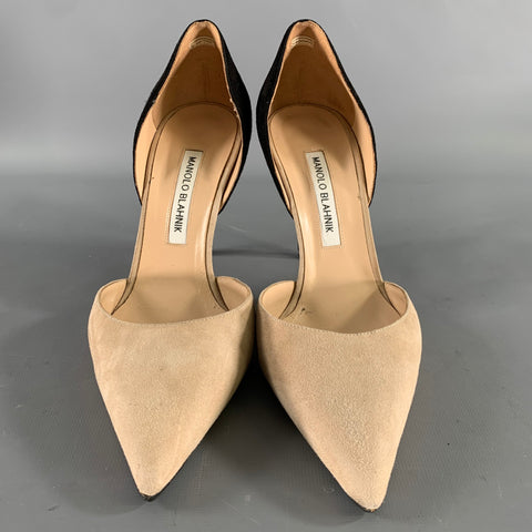 MANOLO BLAHNIK Size 9.5 Tan Black Suede Two Tone Suede Pointed Toe Pumps