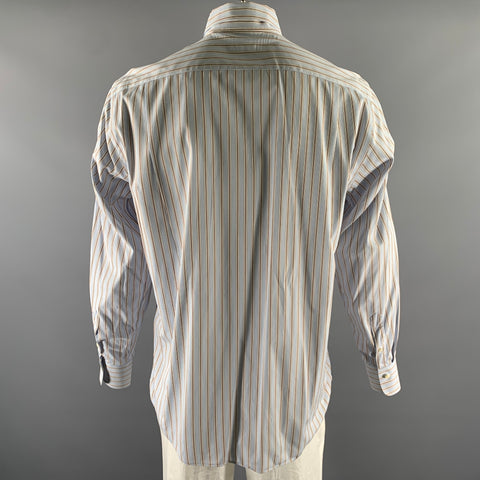 FINAMORE Size XL Blue White Brown Stripe Cotton Long Sleeve Shirt