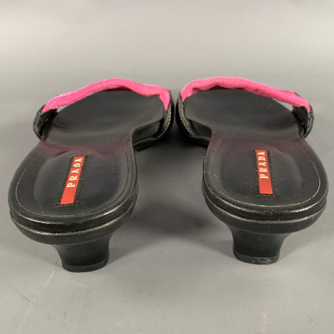 PRADA Size 8 Black Pink Nylon Mixed Materials Leather Trim Slip On Sandals