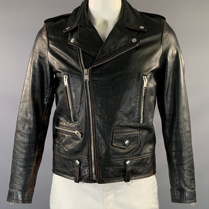 SAINT LAURENT Size 42 Black Distressed Leather Biker Jacket