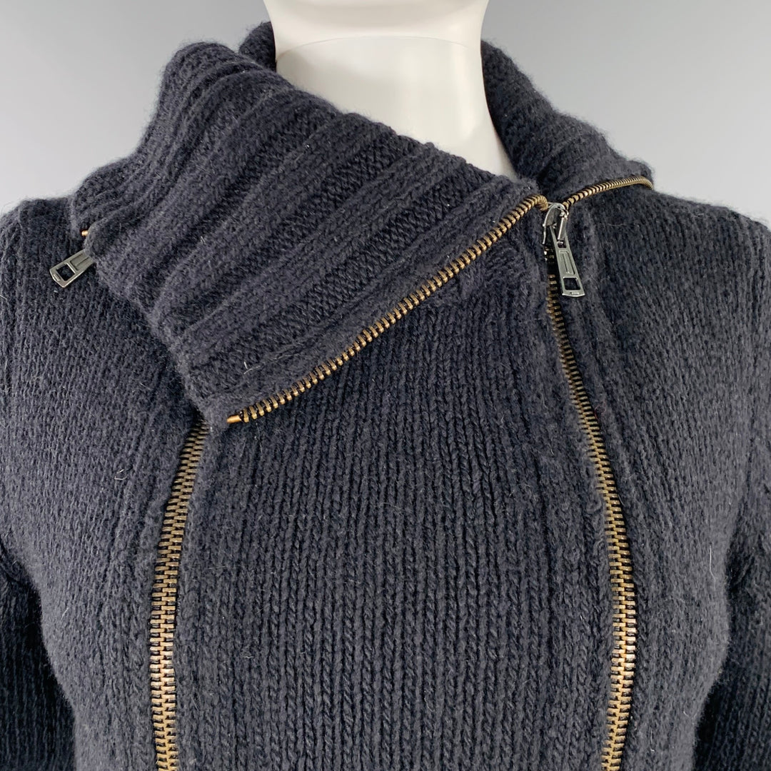 ANN DEMEULEMEESTER Size 8 Black Merino Wool Angora Double Zipper Cardigan