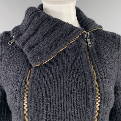 ANN DEMEULEMEESTER Size 8 Black Merino Wool Angora Double Zipper Cardigan