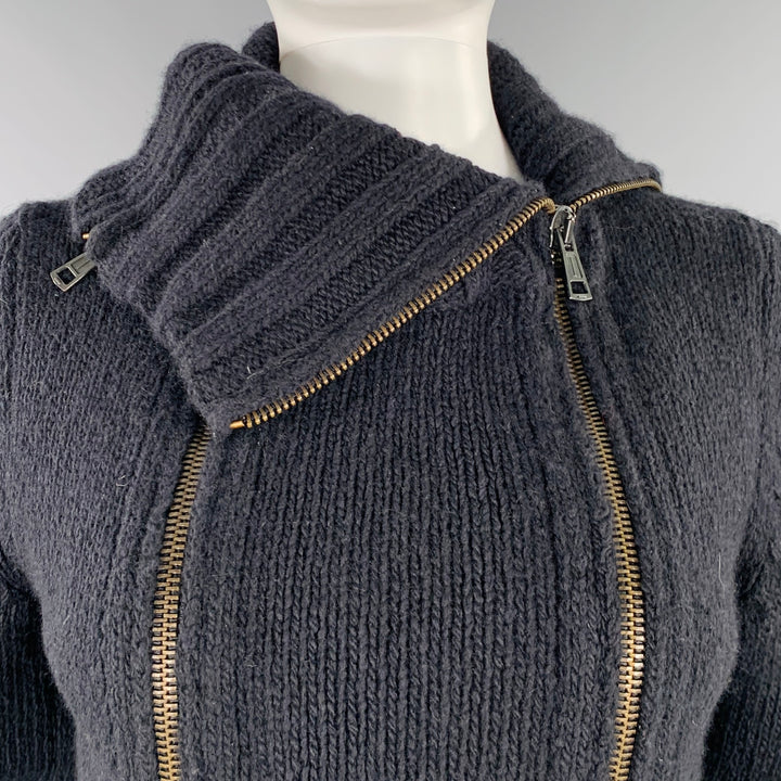 ANN DEMEULEMEESTER Size 8 Black Merino Wool Angora Double Zipper Cardigan