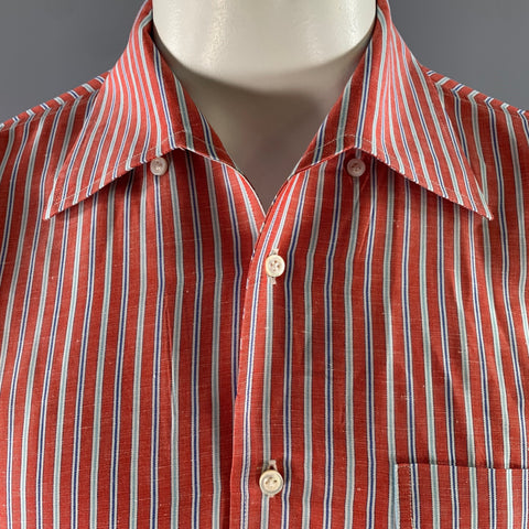 LUCIANO BARBERA Size L Red White Blue Stripe Linen Blend Long Sleeve Shirt