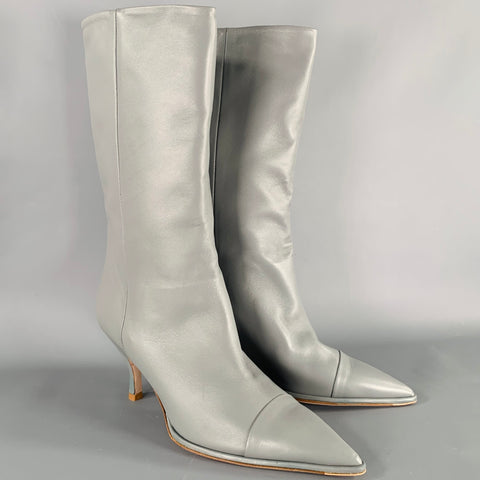 SANIA D'MINA Size 10 Grey Leather Kitten Heel Boots